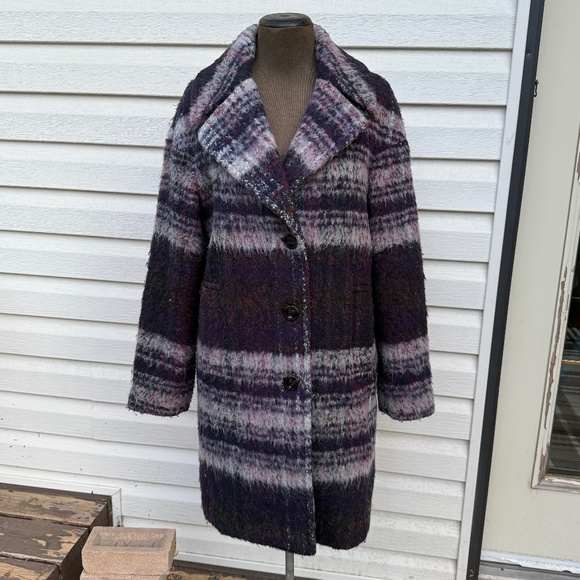 Lucky Brand Cozy fuzzy plaid overcoat in deep plum, charcoal, and soft grey - Picture 1 of 8